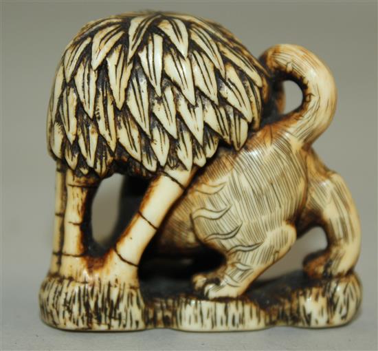 A Japanese stained ivory netsuke of a tiger crouching beneath a tree, 18th / 19th century, 4.2cm.